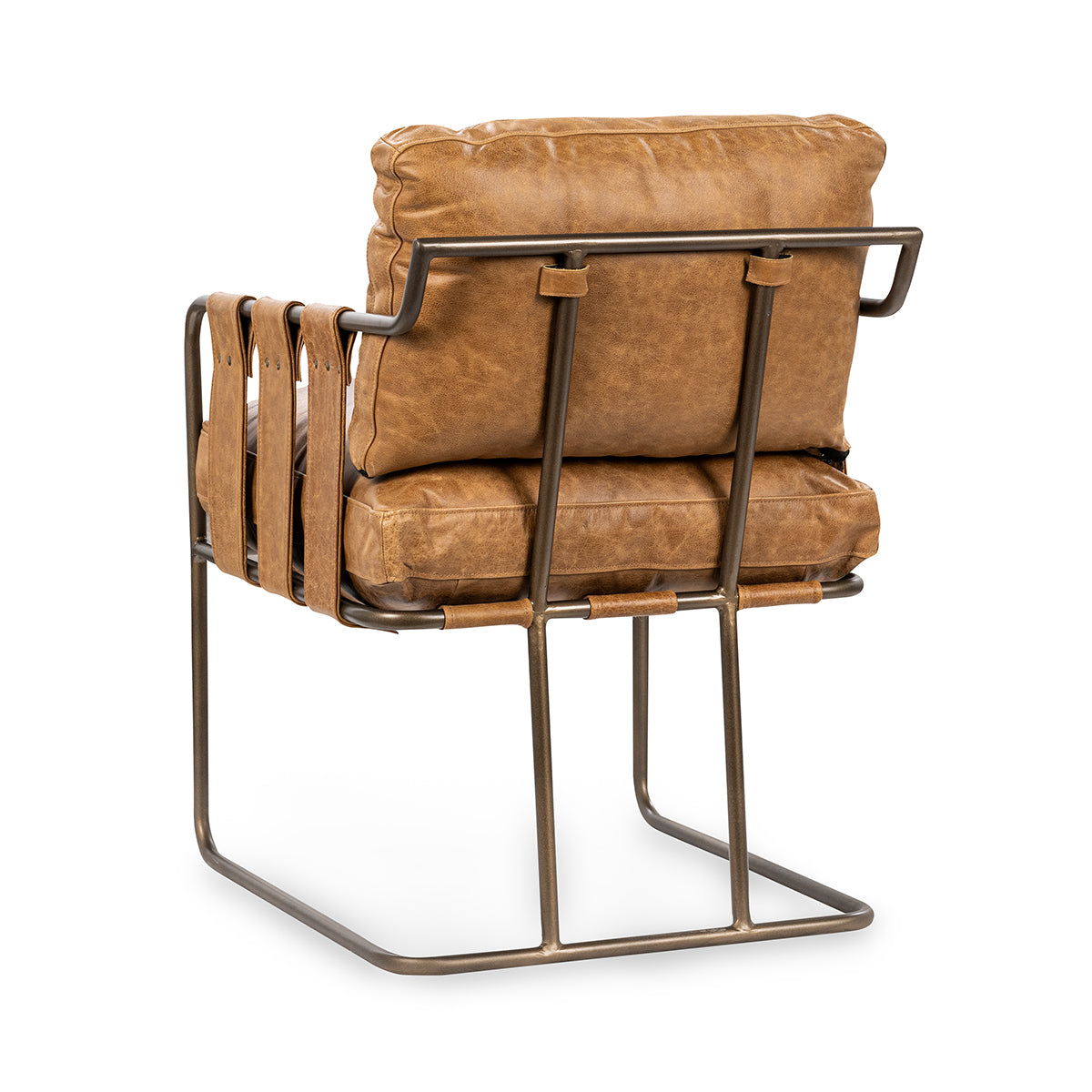 Tan leather dining chair with padded seat and back, metal frame and arm supports