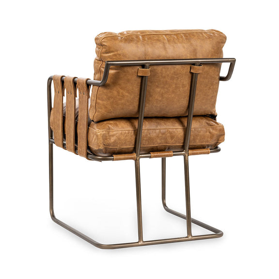Tan leather dining chair with padded seat and back, metal frame and arm supports
