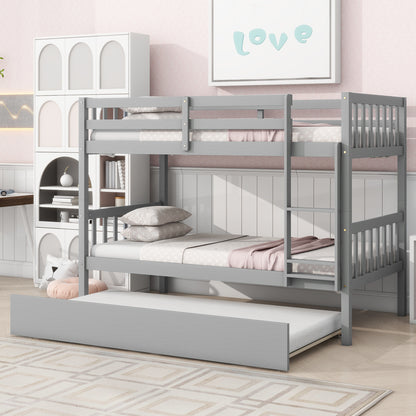 Twin Over Twin Rubber Wood Bunk Bed with Trundle, Convertible into Twin Size Beds, Twin Size Bunk Bed with Ladder and Safety Guardrails, Grey