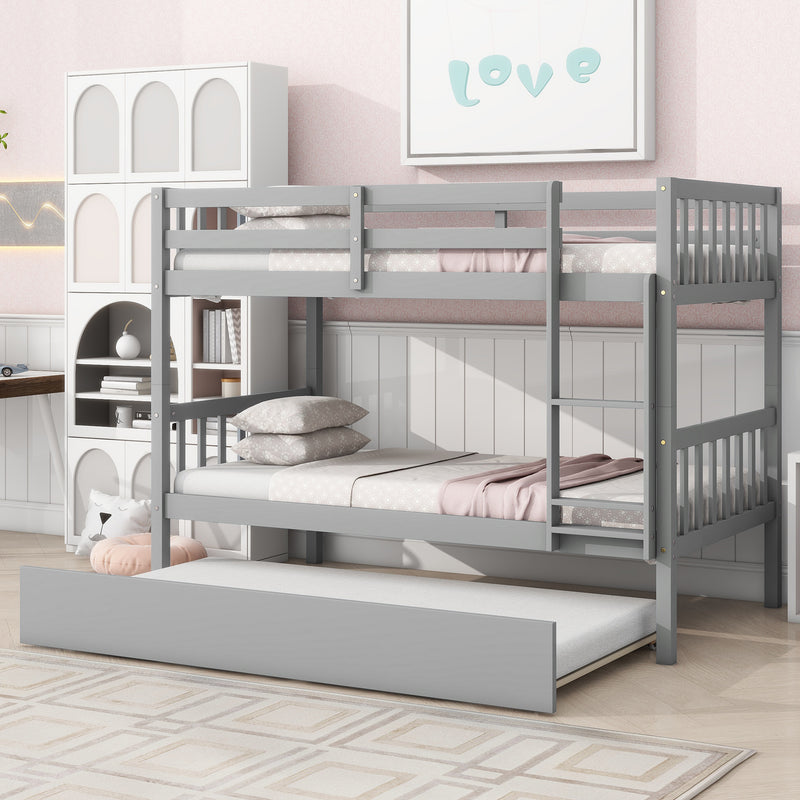 Twin Over Twin Rubber Wood Bunk Bed with Trundle, Convertible into Twin Size Beds, Twin Size Bunk Bed with Ladder and Safety Guardrails, Grey