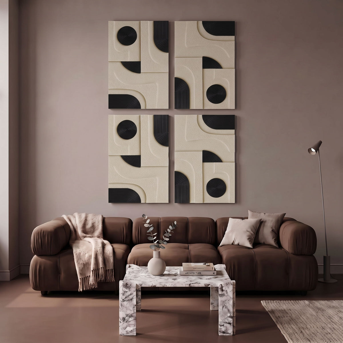 4-piece wall art set with black concentric ring and arc details on cream blocks
