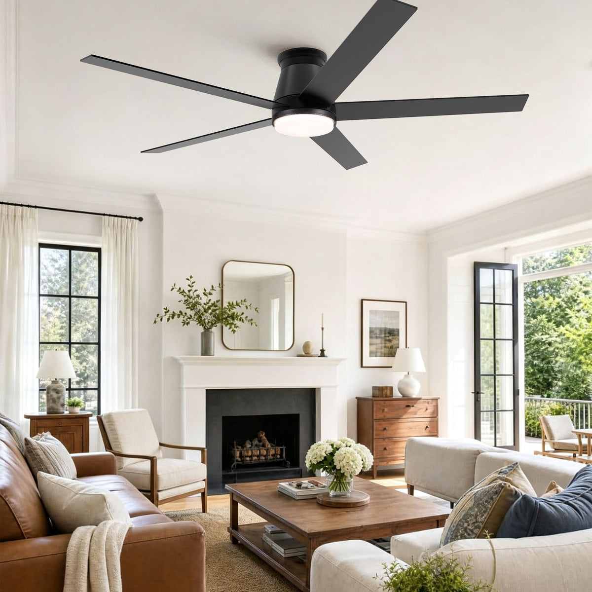 Flush-mount ceiling fan with light, matte black housing and multi-blade design