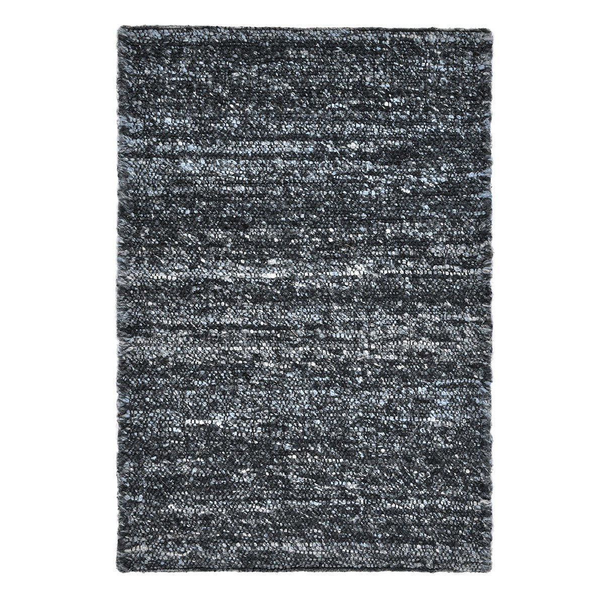 Dark blue speckled area rug with short pile and subtle horizontal stripe pattern, rectangular.