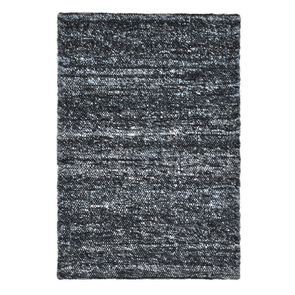 Dark blue speckled area rug with short pile and subtle horizontal stripe pattern, rectangular.
