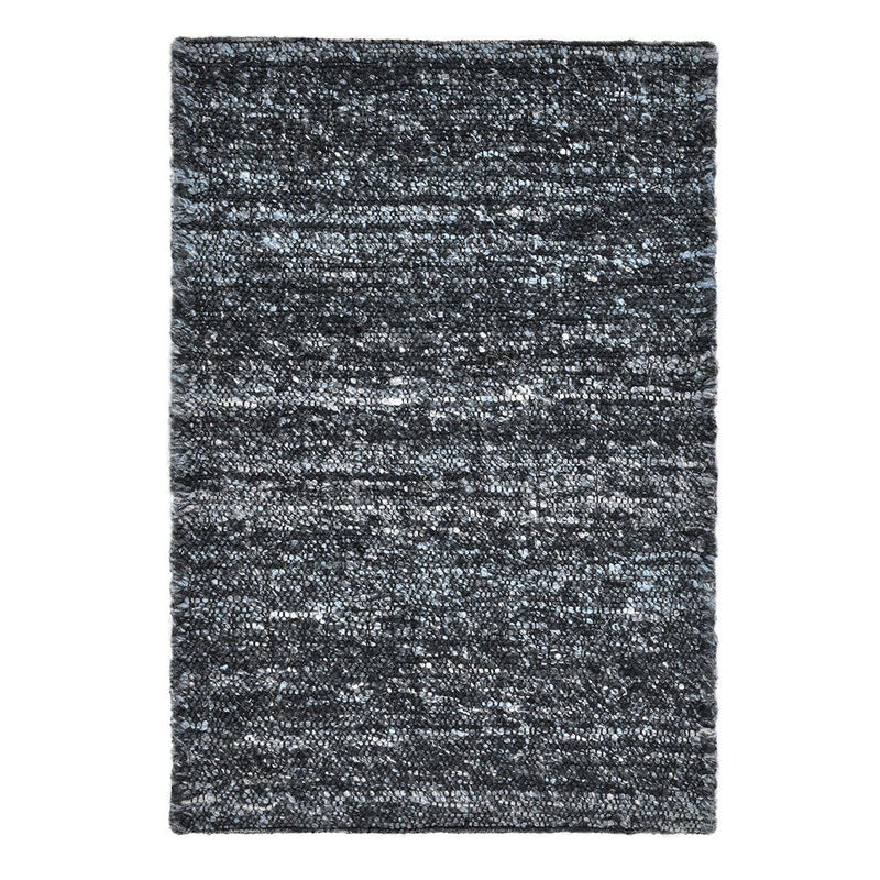 Dark blue speckled area rug with short pile and subtle horizontal stripe pattern, rectangular.