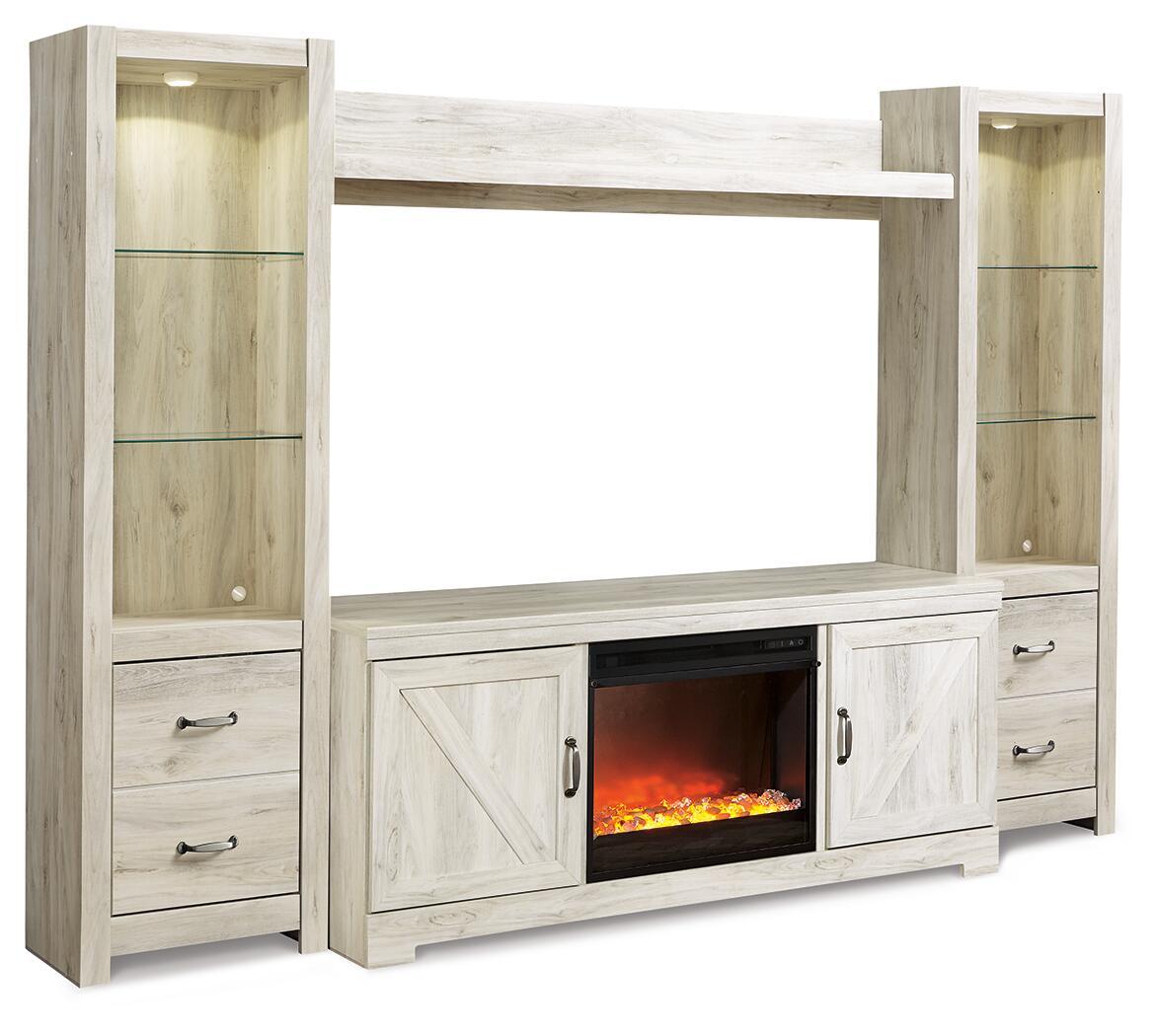 Light beige entertainment center with open shelf, two lower doors, and electric fireplace insert