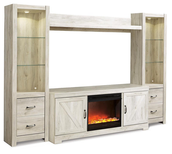 Light beige entertainment center with open shelf, two lower doors, and electric fireplace insert