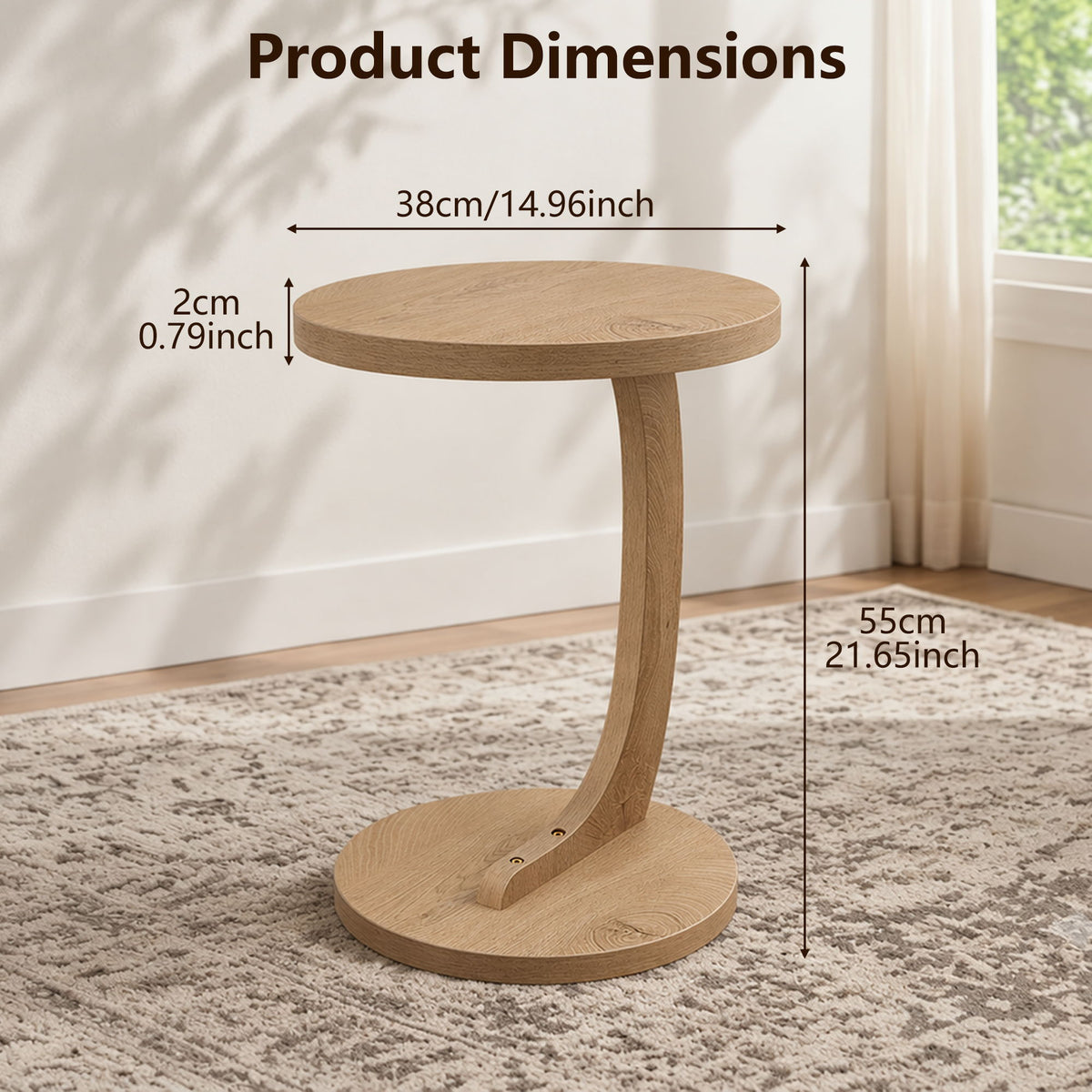 Light brown round end table with pedestal base and lower shelf, size labeled