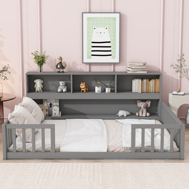 Grey full-size bed with side bookcase shelves and safety guardrails