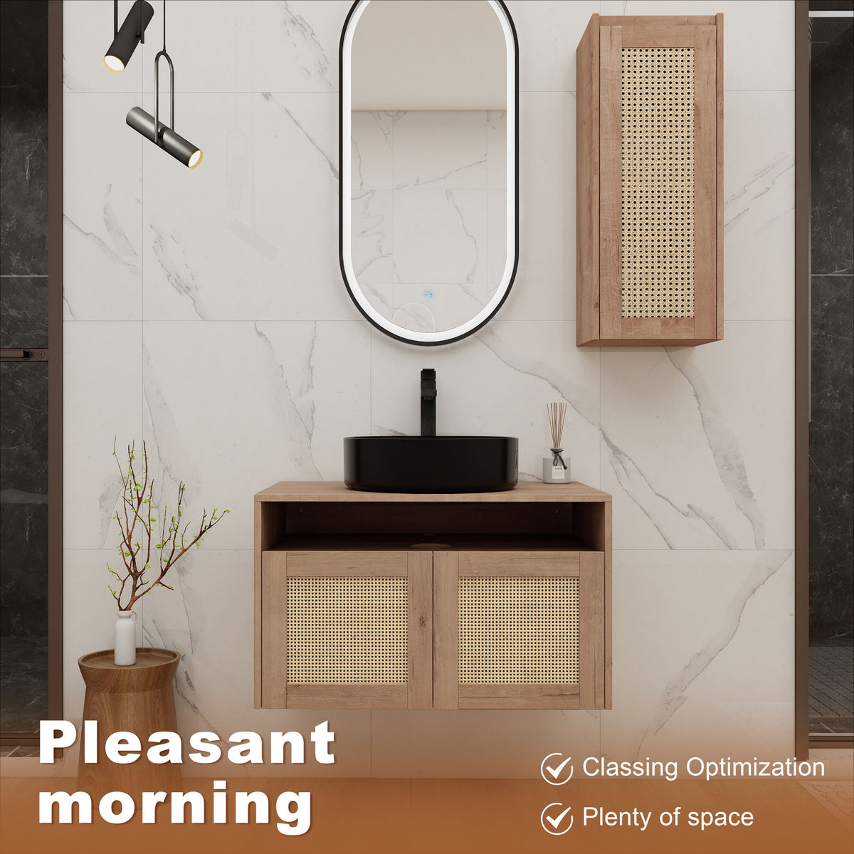 Floating bathroom vanity with black vessel sink and side cabinet, wood-tone base, rattan doors
