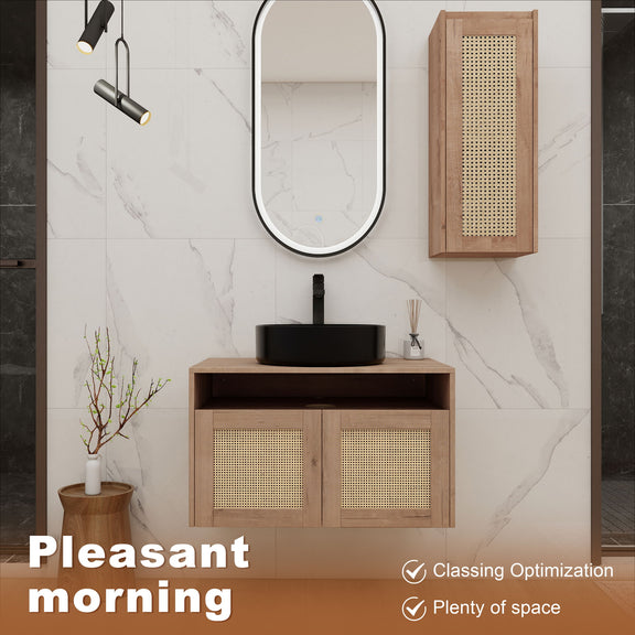 Floating bathroom vanity with black vessel sink and side cabinet, wood-tone base, rattan doors