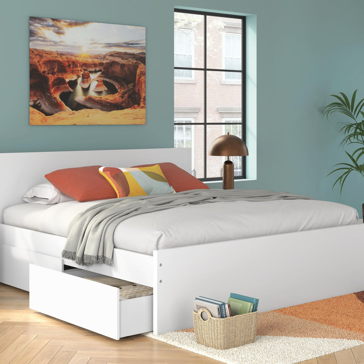White panel platform bed with slatted base, headboard, and bedding set