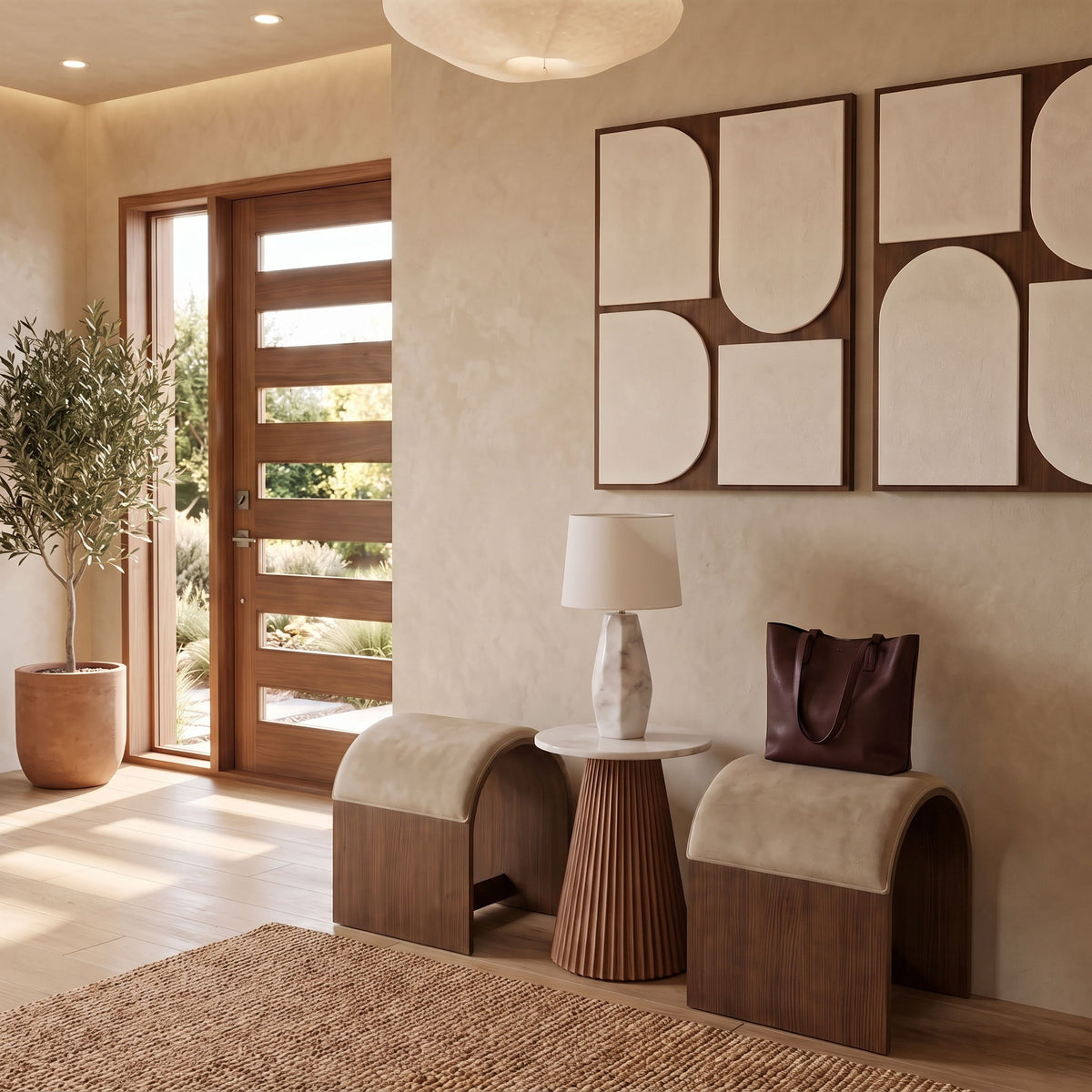 Sable velvet upholstered benches, beige seat cushions with wood bases.
