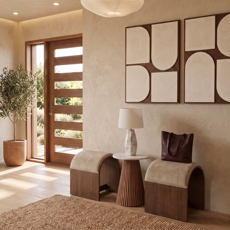 Sable velvet upholstered benches, beige seat cushions with wood bases.