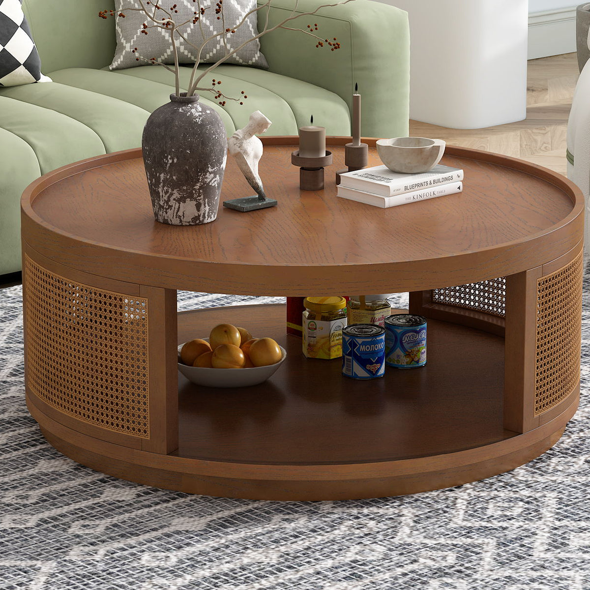 Round Cane Coffee Table With Rattan Side