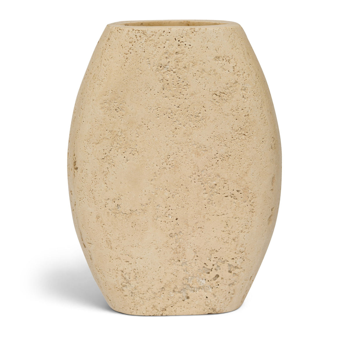 Beige textured travertine-style vase with tapered sides and narrow opening