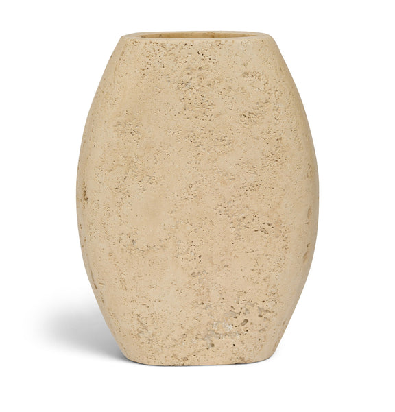 Beige textured travertine-style vase with tapered sides and narrow opening