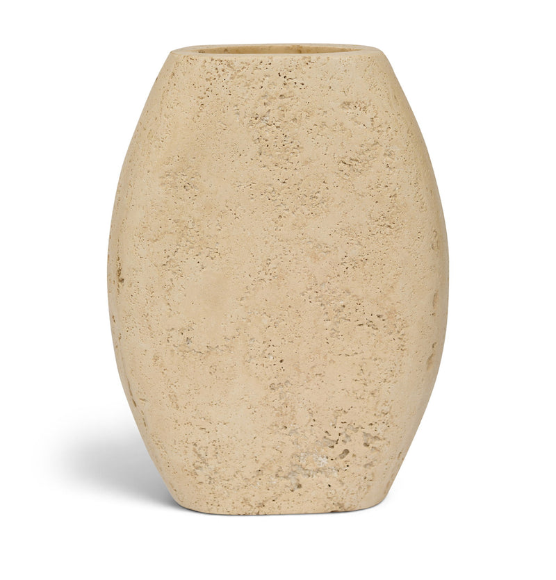 Beige textured travertine-style vase with tapered sides and narrow opening