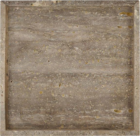 Beige stone marble tray with gray speckles and distressed edges, square serving tray.