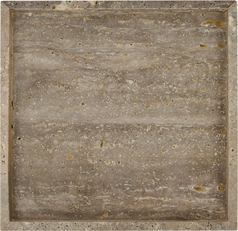 Beige stone marble tray with gray speckles and distressed edges, square serving tray.