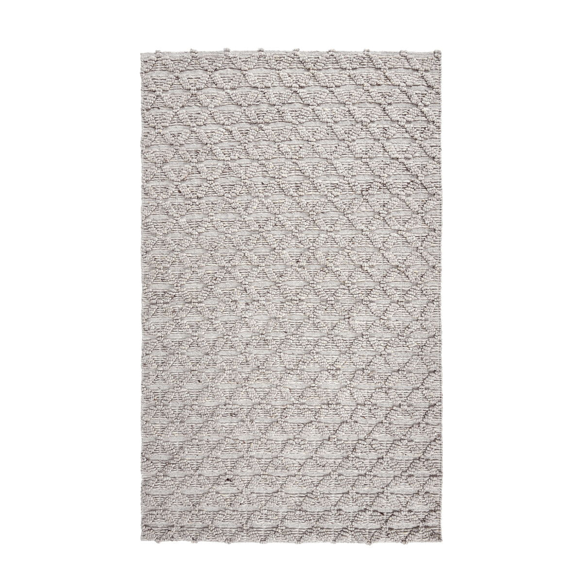 Silver gray 2 ft x 3 ft rug with allover geometric trellis pattern and short fringed border.