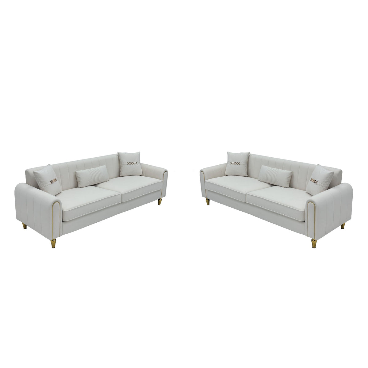 Two-piece sofa set with two light-colored three-seat sofas and gold-tone legs