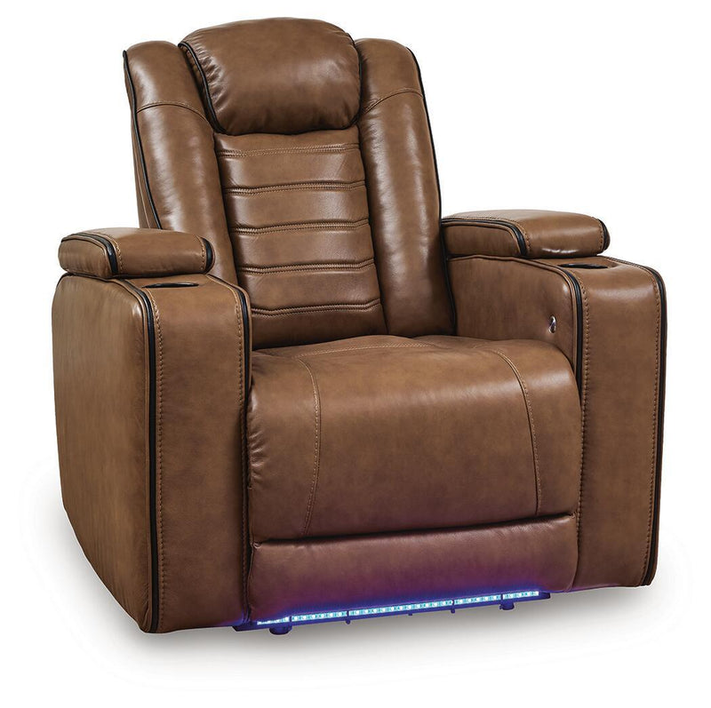 Amber power recliner with adjustable headrest and padded arms, brown leather-look