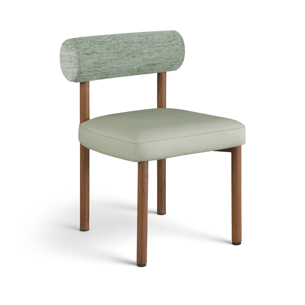 Green upholstered dining chair with chenille back, vegan leather seat, and wood legs.