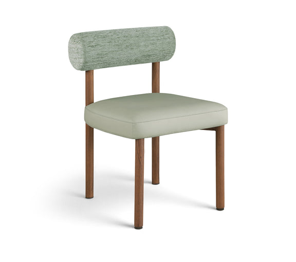 Green upholstered dining chair with chenille back, vegan leather seat, and wood legs.