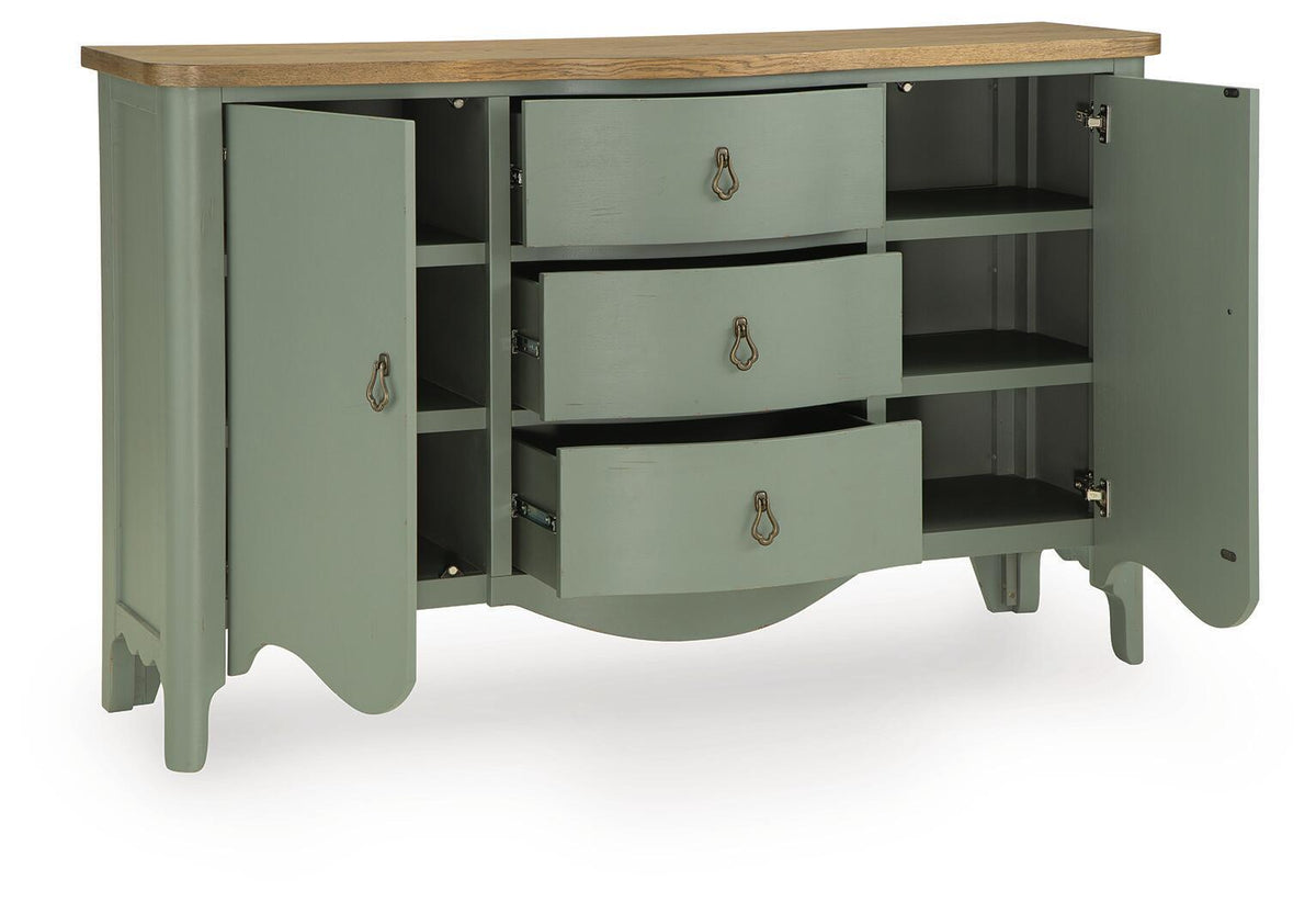 Antique green accent cabinet with open storage, adjustable shelves and three pull-out drawers