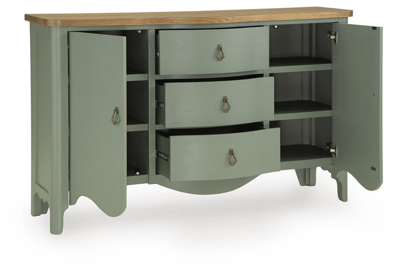 Antique green accent cabinet with open storage, adjustable shelves and three pull-out drawers