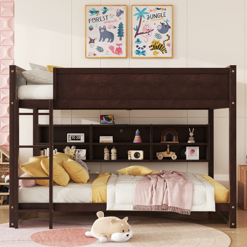 Queen Over Queen Bunk Bed with Built-in Storage Cabinets, Charging Station, Ladder, USB, Safety Guardrails, Solid Pine Wood Bunk Bed, Brwon