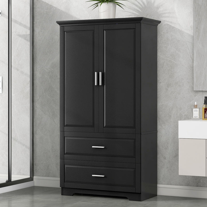 Tall Bathroom Storage Cabinet, Cabinet With 2 Doors And Drawers, Adjustable Shelf