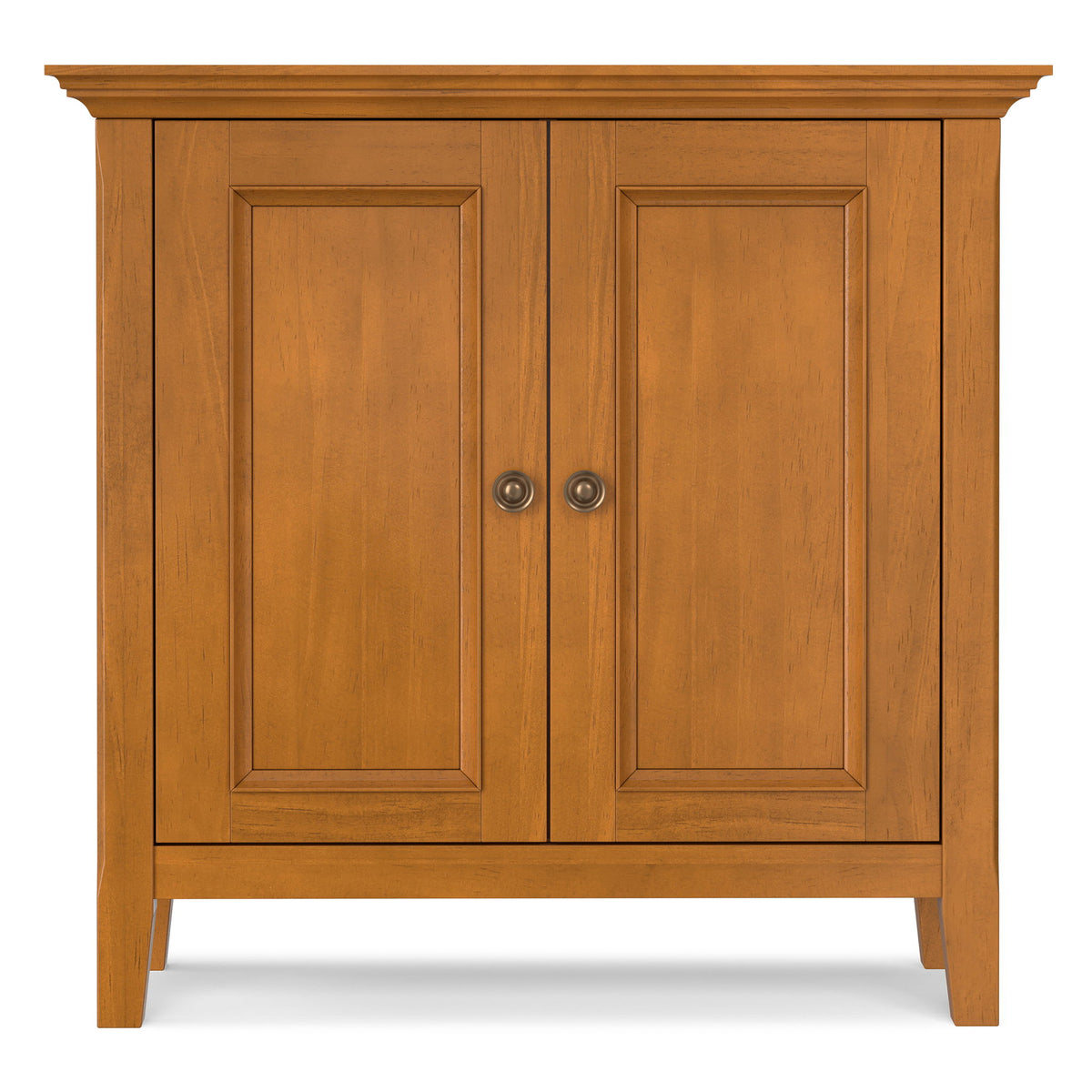Low storage cabinet with two wood doors, raised panels, and round knobs