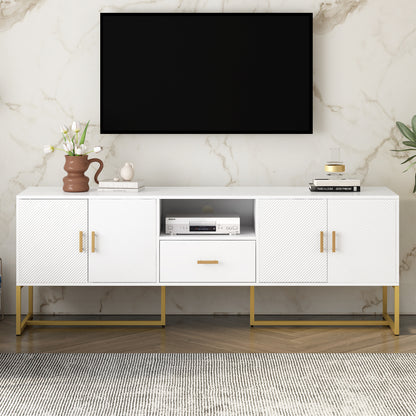 TV Stand 1-Drawer Sliding Doors Open Shelving White