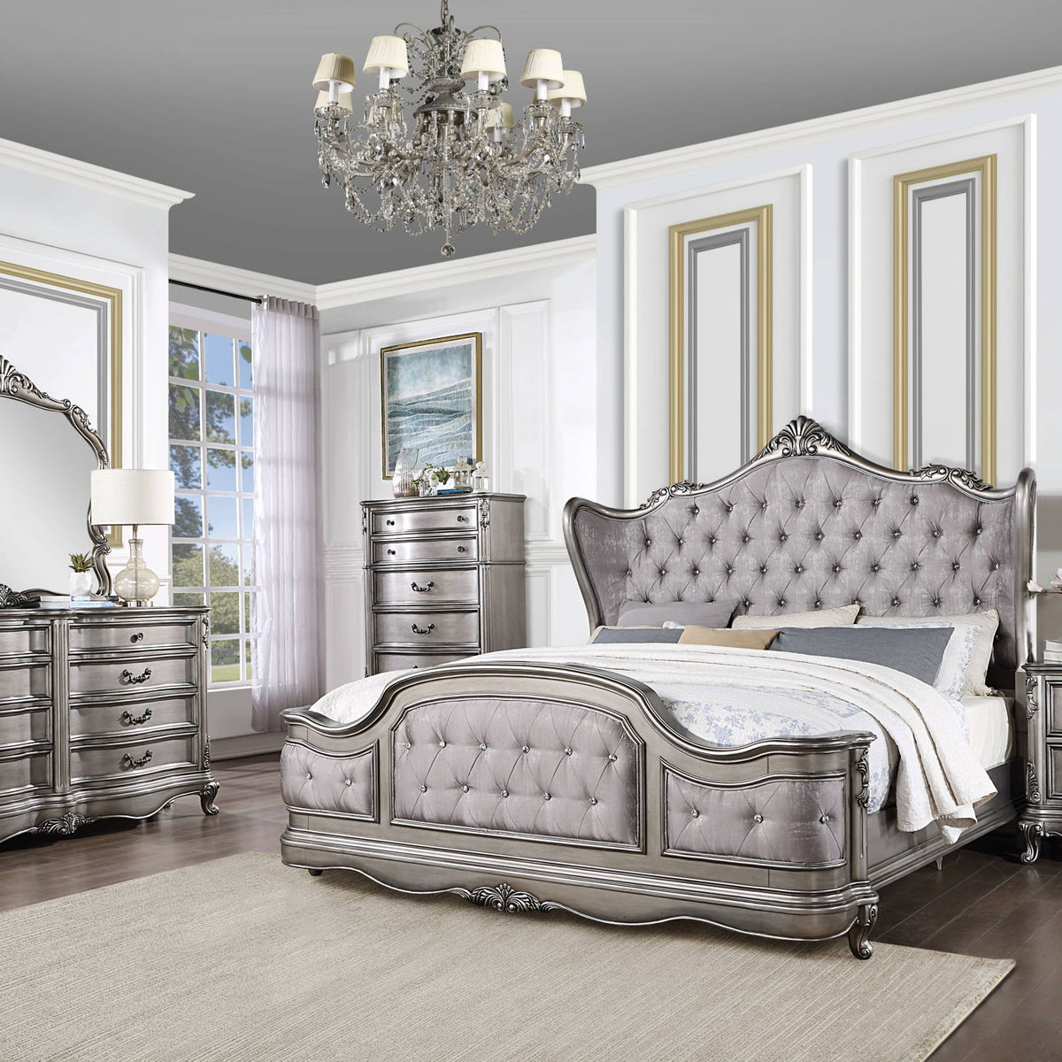 Silver tufted upholstered bed with carved frame and curved headboard