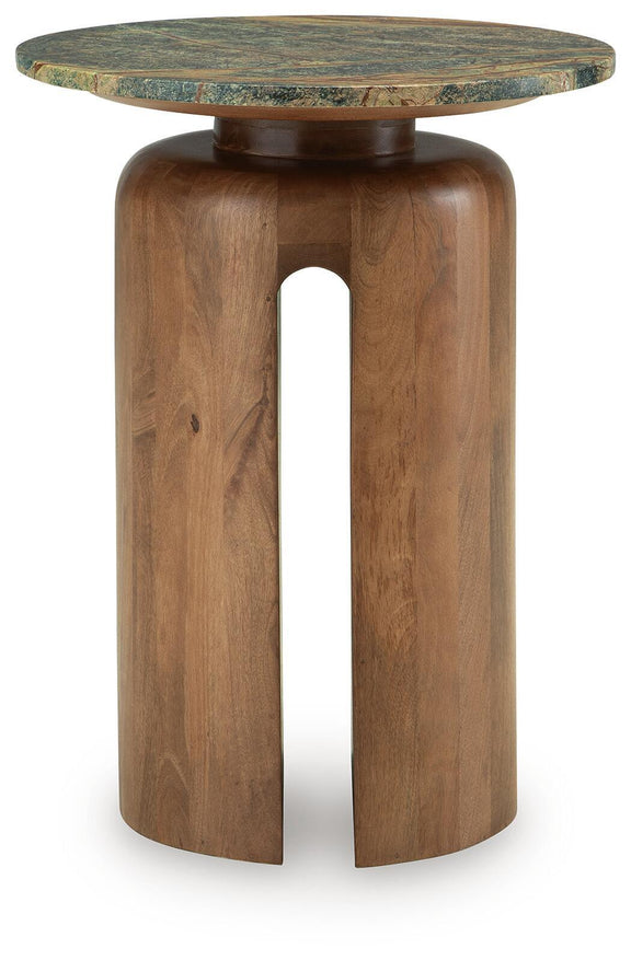 Brown wood accent table with round green marbled top and central side opening
