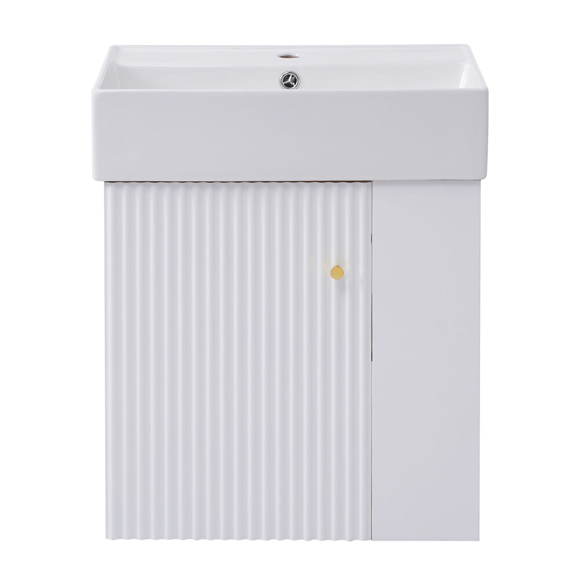 Floating bathroom vanity with ceramic sink and white top, white ribbed cabinet door