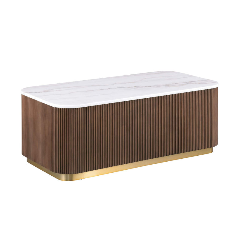 Brown ribbed rectangular cocktail table with white marble top and gold metal base