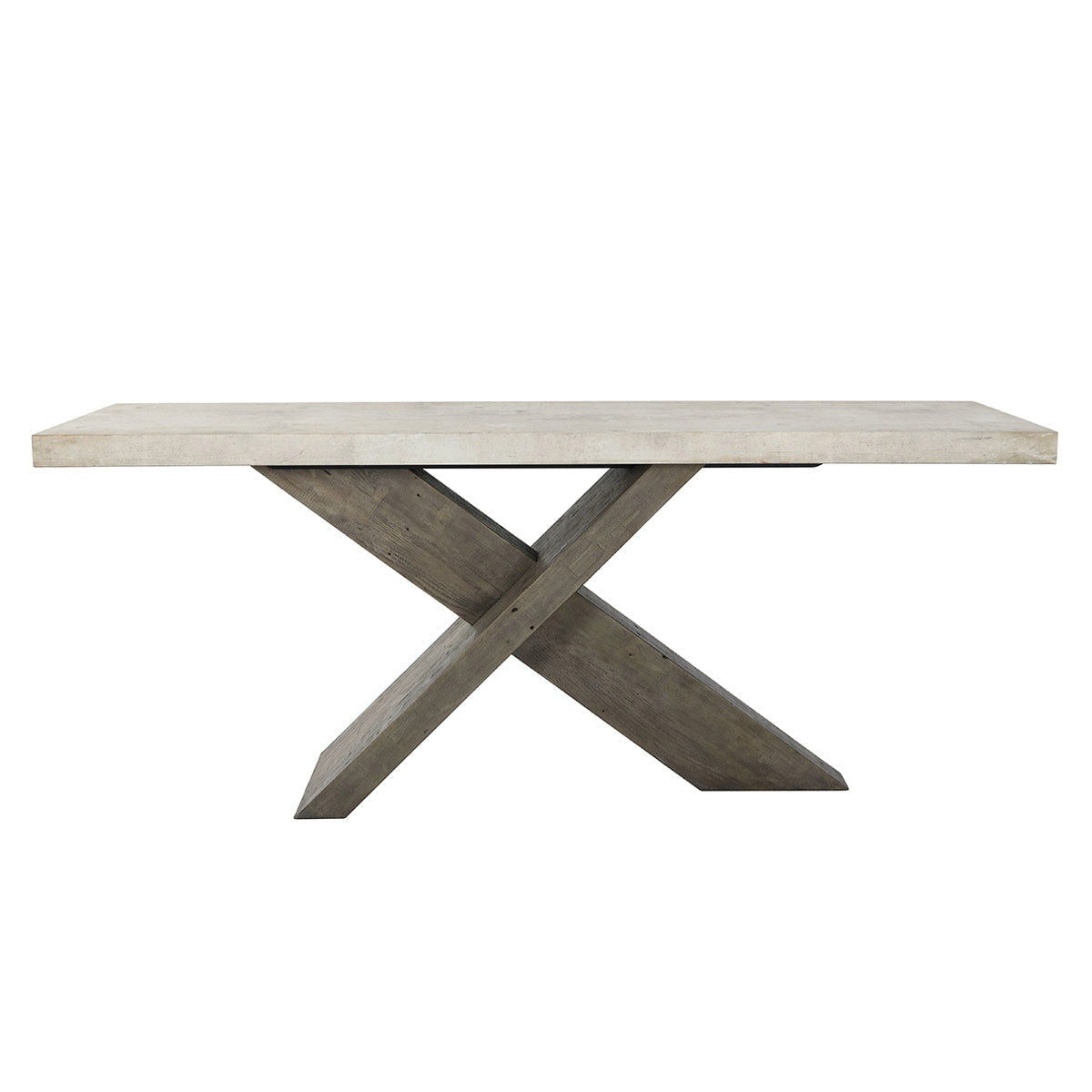 Distressed gray console table with crossed wooden legs and chalk rectangular top