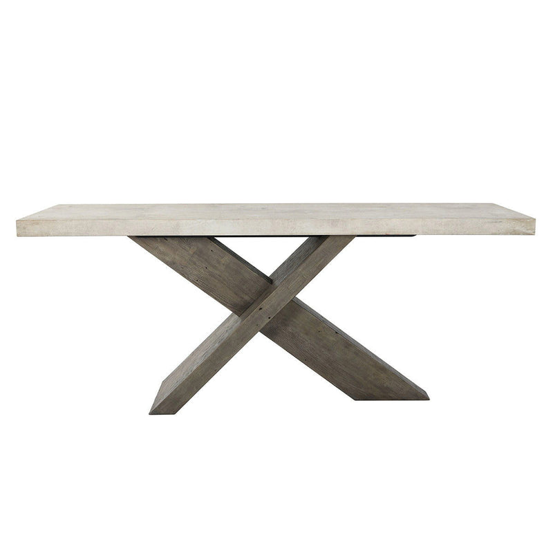 Distressed gray console table with crossed wooden legs and chalk rectangular top