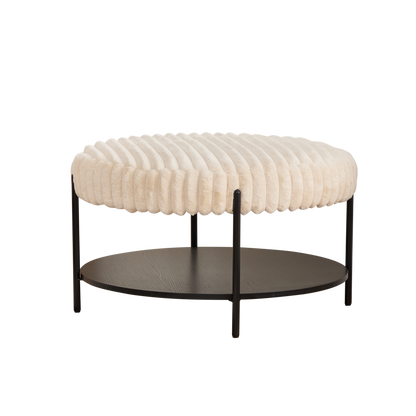 Modern Upholstered Round Ottoman Coffee Table with Storage Shelf and Black Metal Legs, Beige Faux Fur