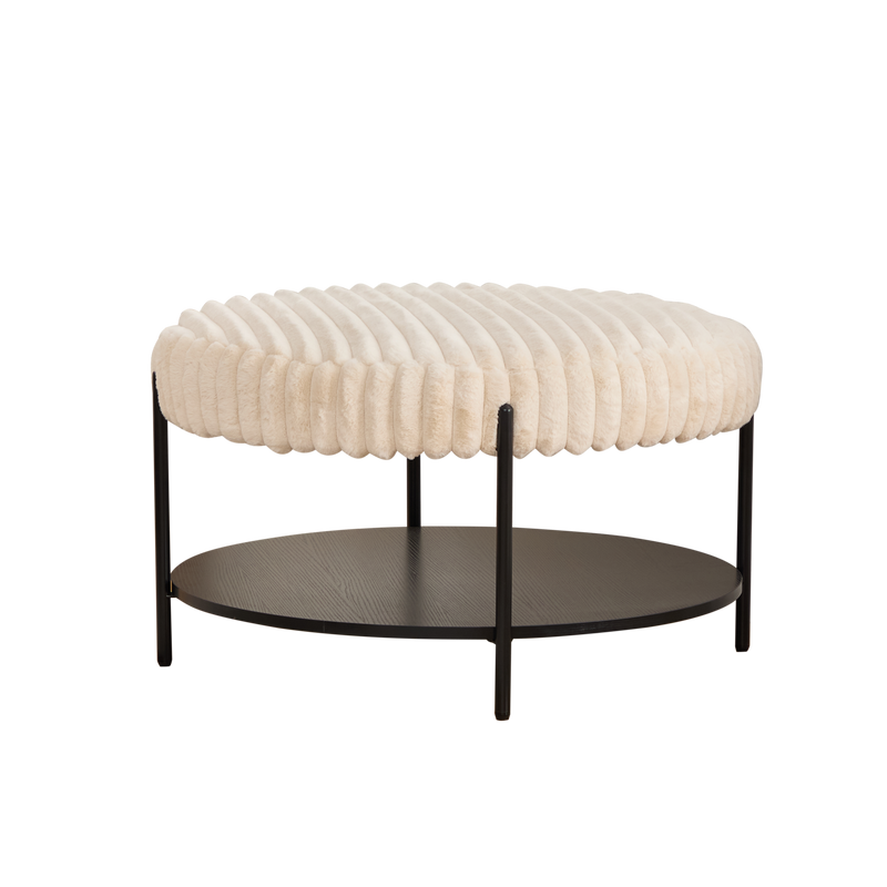 Modern Upholstered Round Ottoman Coffee Table with Storage Shelf and Black Metal Legs, Beige Faux Fur