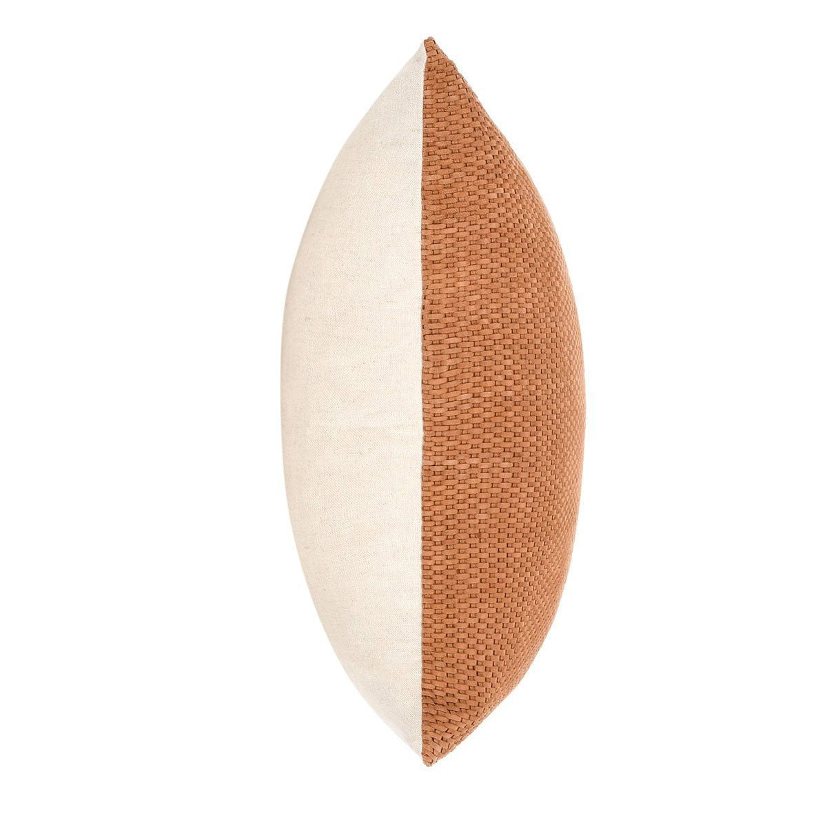 Square woven bassinet pillow in hazel, side profile with stitched edge
