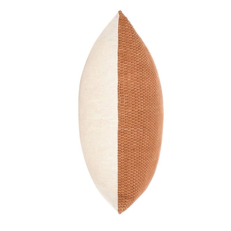 Square woven bassinet pillow in hazel, side profile with stitched edge