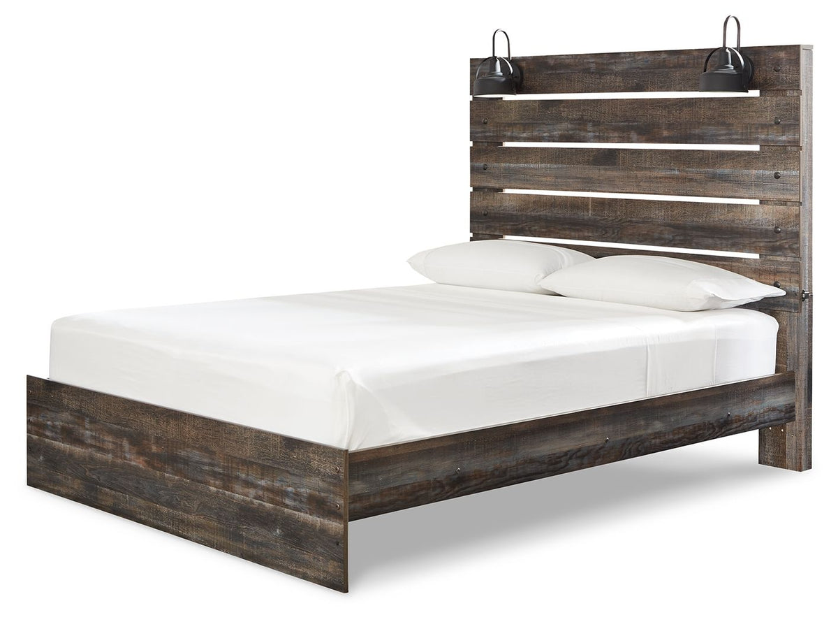 Dark wood panel bed with slatted headboard, white mattress, and side drawer storage