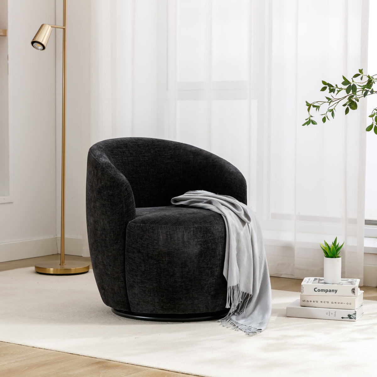 Chenille Fabric Swivel Accent Armchair Barrel Chair With Powder Coating Metal Ring