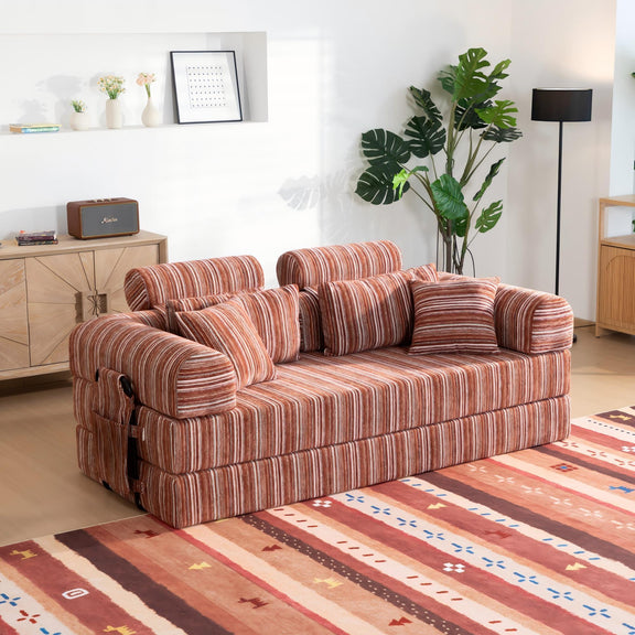 Red striped convertible sleeper sofa with rolled arms and stacked back pillows