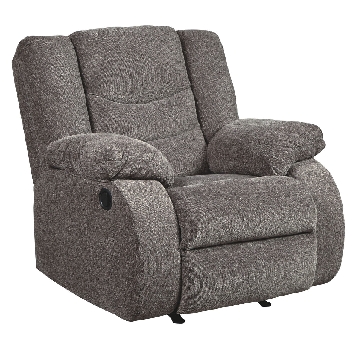 Gray upholstered rocker recliner with padded armrests and console-style footrest