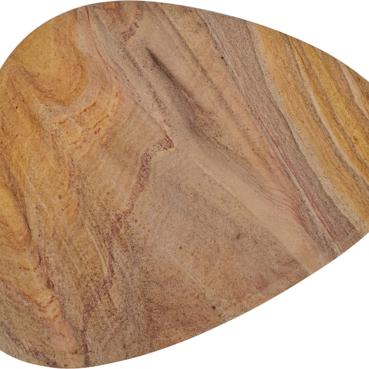 Close-up of oval sandstone bowl with swirled tan, gold, and brown stone grain.